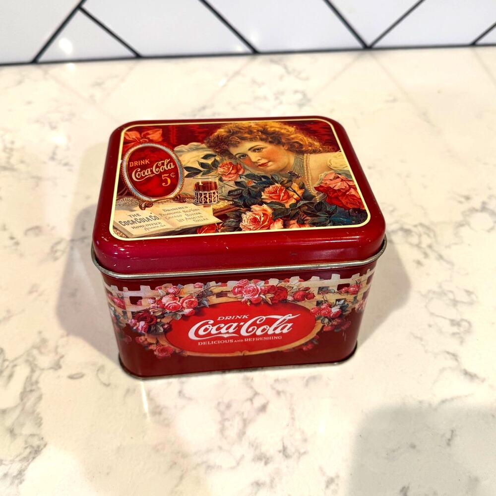 vintage Coca-Cola tin container, Victorian Lady decorative rose design 80s